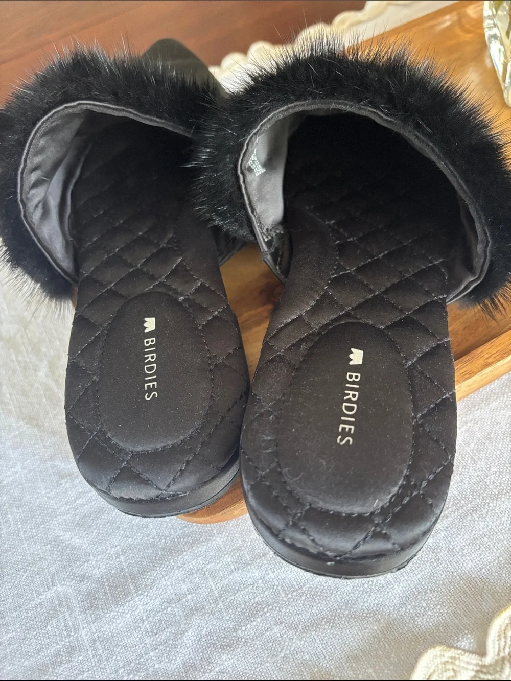 Birdies The Dove Onyx Black Mink Fur Womens Slip On Pointed Toe Mules  size 7